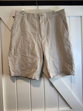 Men's Flat Front Beige Cotton-Linen Shorts